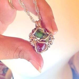 Green tourmaline and‎ Orange Garnet silver pendant